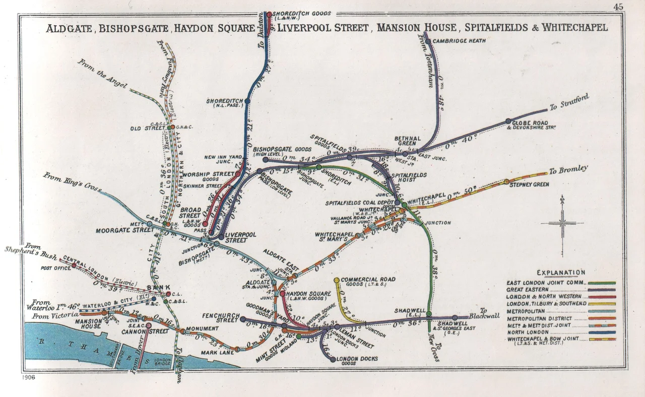 Railway Junctions in Aldgate, Bishopsgate, Haydon Square, Liverpool Street, Mansion House, Spitalfields & Whitechapel pre grouping