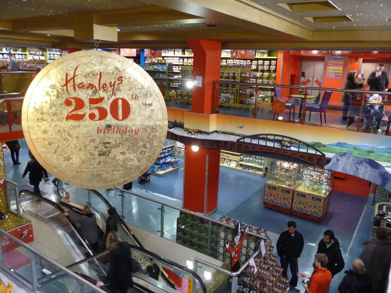 London : Westminster - Hamleys Toy Shop Hamleys on Regent St from the top floor of the shop looking towards a spinning disk which says it's celebrating its 250th birthday this year.