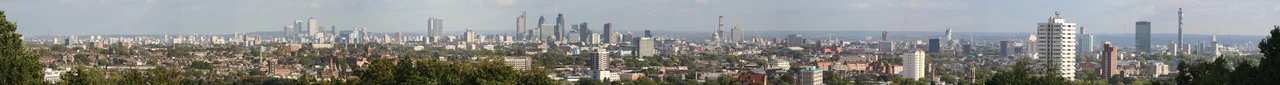 Panoramic view from Parliament Hill, Hampstead Heath, London.