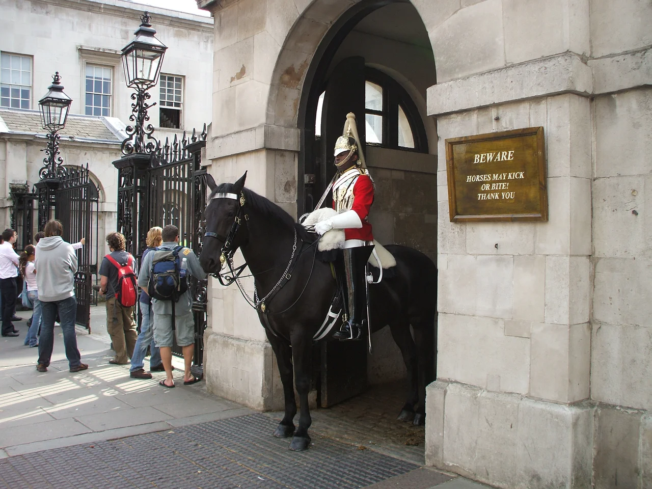 A member of the Household Cavalry holding watch over the Horse Guards on Whitehall.