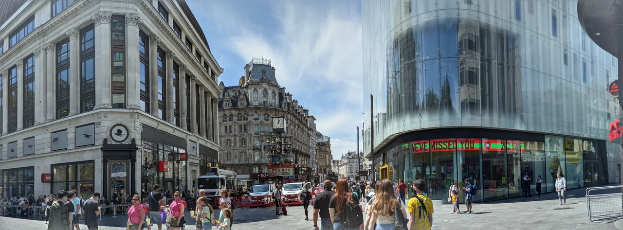 June 2021 panorama showing the Lego Store and M&M's world in Leicester Square, London