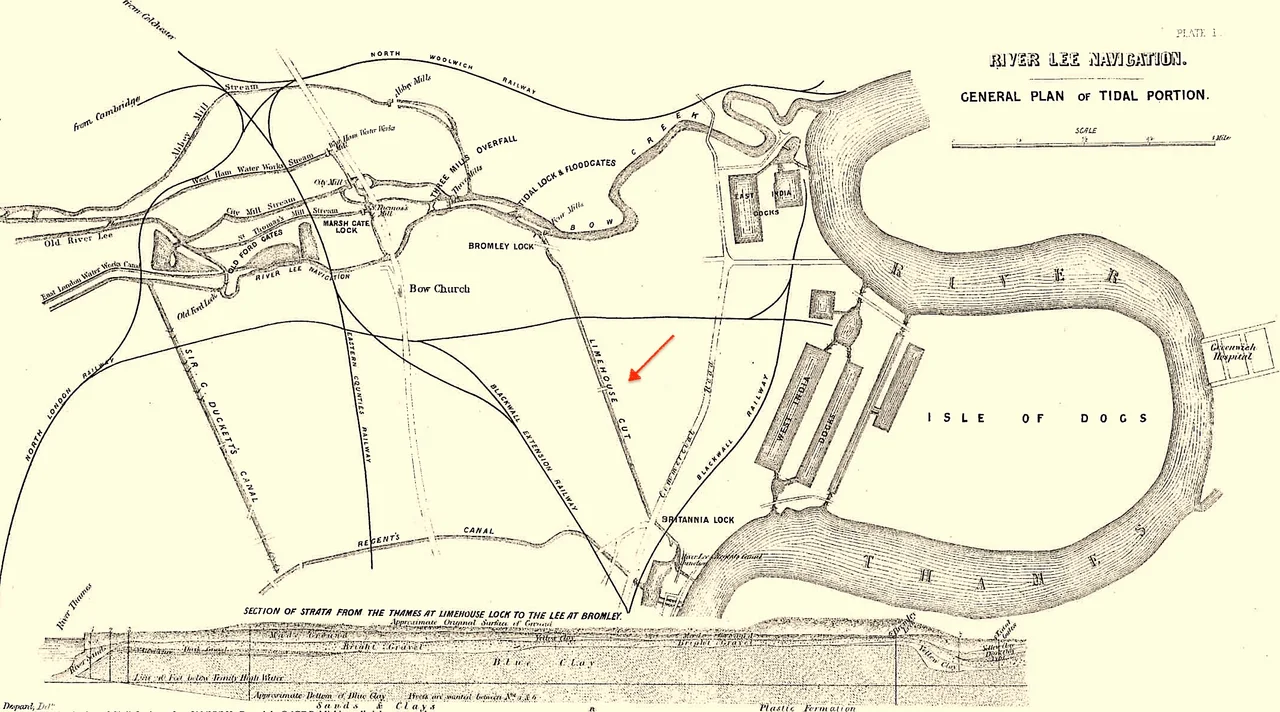 Works improving the tidal portion of the River Lee Navigation supervised by Nathaniel Beardmore, 1854.  A red arrow has been added to indicate the Limehouse Cut.