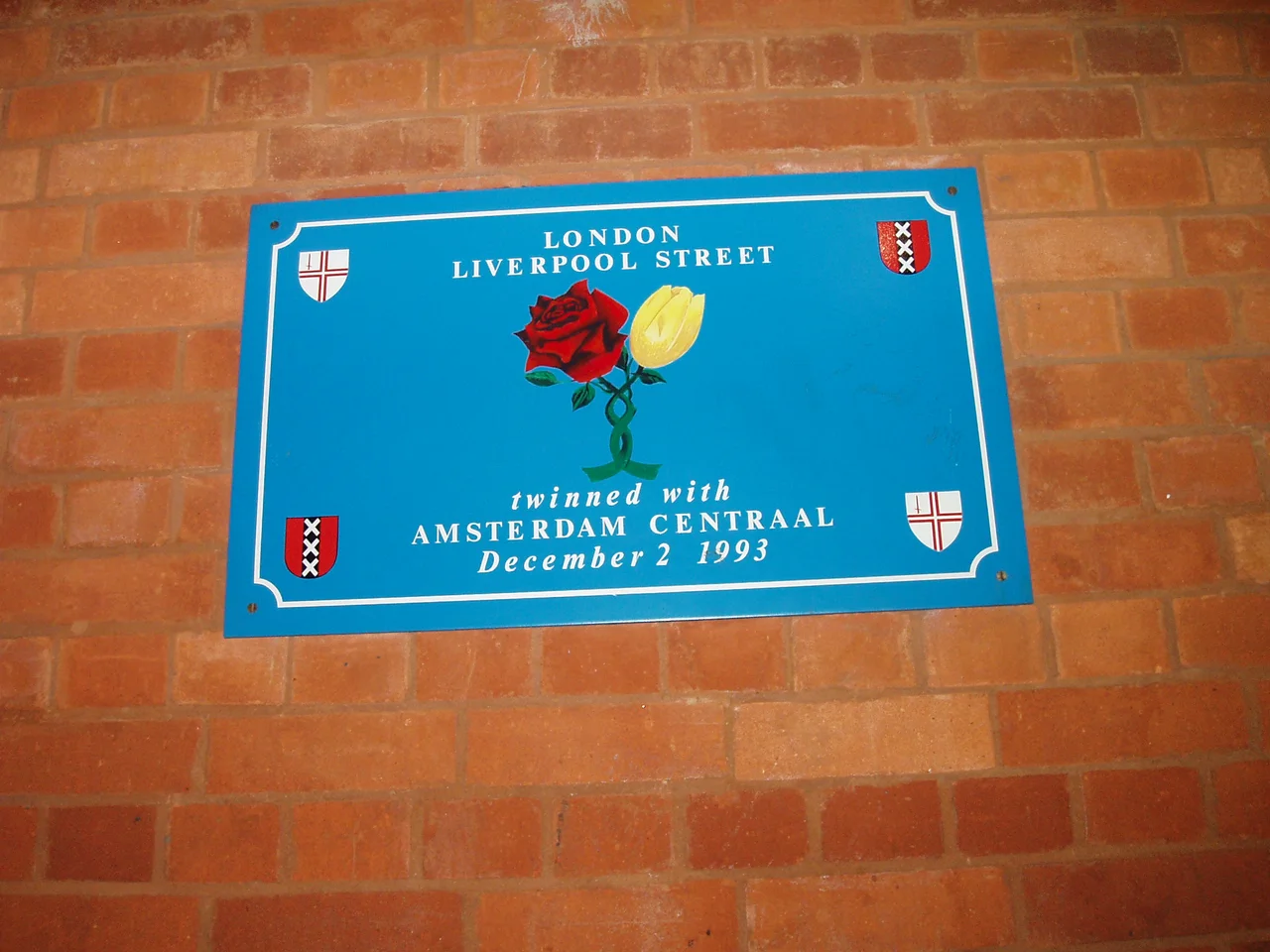 Twinning plaque at Liverpool Street station, London, UK.