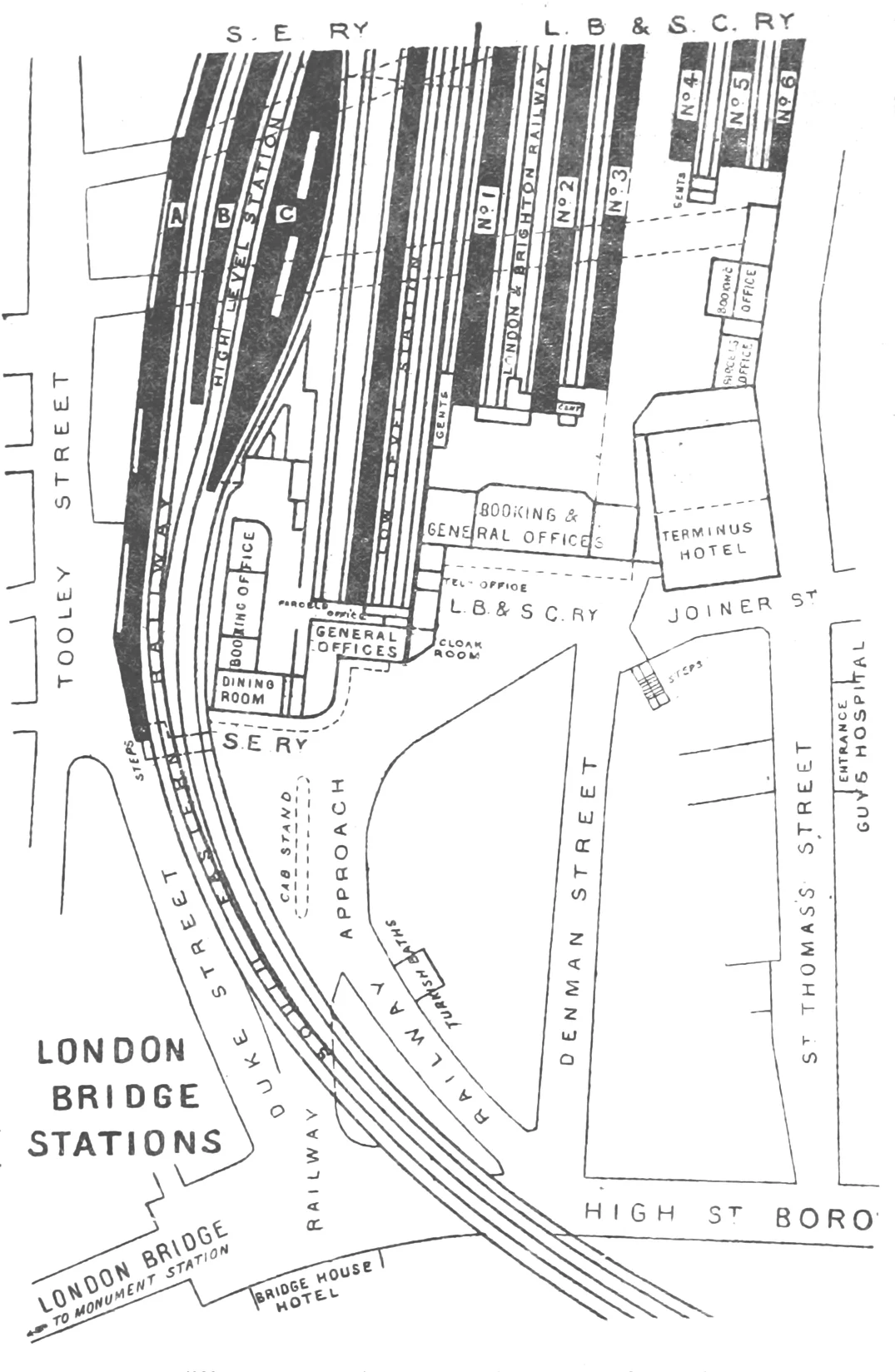Plan of London Bridge station(s) as they were in 1888, with the South Eastern Railway's separate high- and low-level tracks, and the London, Brighton and South Coast Railway's new platforms 4, 5 and 6 and Terminus Hotel.