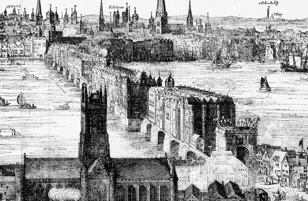 Detail from en:Image:Panorama of London by Claes Van Visscher, 1616.jpg, made in 1616 by Claes Jansz. Visscher. It shows Old London Bridge in 1616, with Southwark Cathedral in the foreground. The spiked heads of executed criminals can be seen above the Southwark gatehouse.
