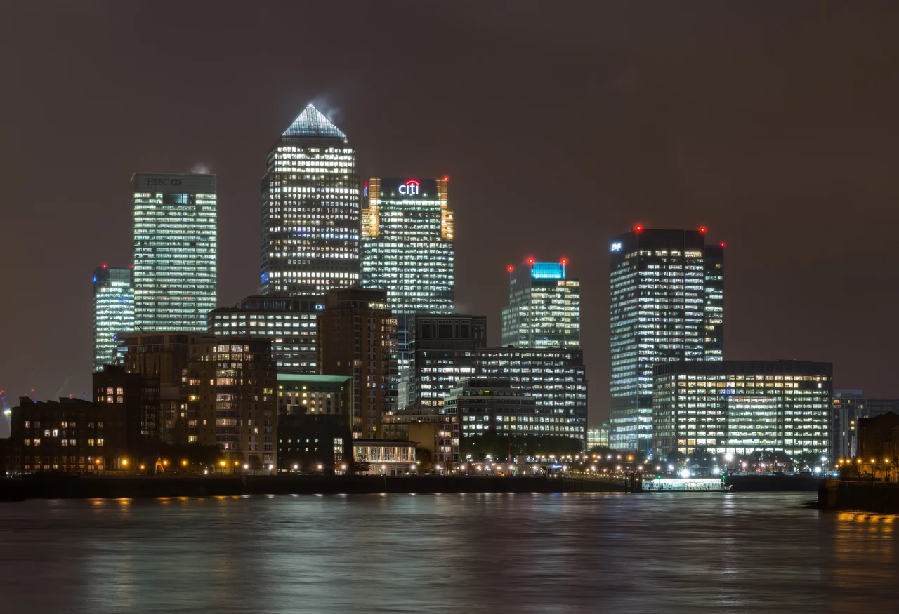 The Canary Wharf skyline as viewed from Wapping in East London, United Kingdom.