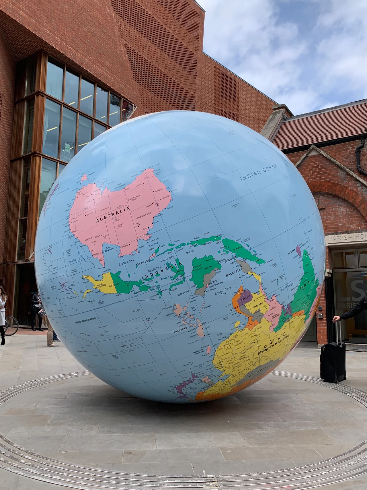 Sculpture by Mark Wallinger at the London School of Economics, unveiled in March 2019. The island of Taiwan is coloured differently from mainland China.