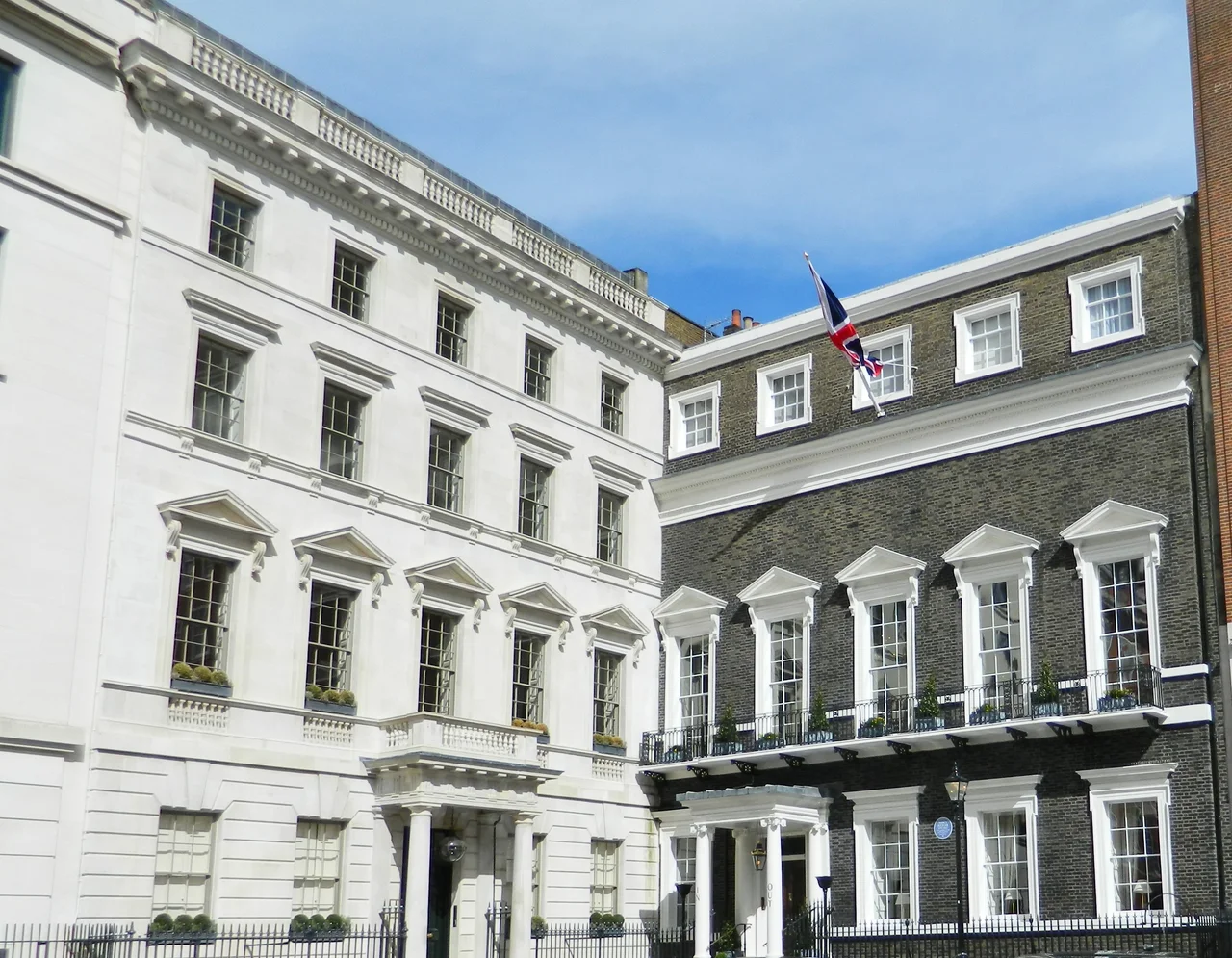 Former Libyan People's Bureau, 5, St James's Square, London. From here WPC Yvonne Fletcher was shot on 17 April 1984.The bureau was in the white building on the left of the image.
