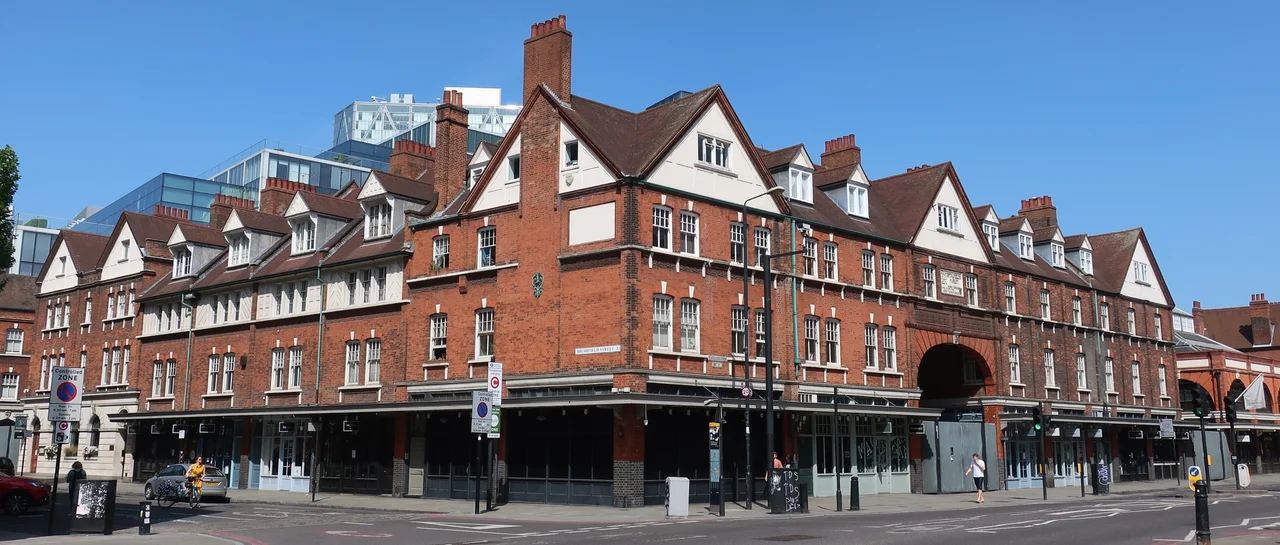 A panoramic view of Spitalfields Market in London, England.