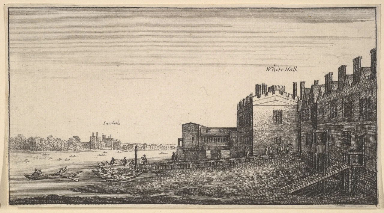 The view is from the west. Despite appearances this painting shows a single palace. The Banqueting House is on the left.