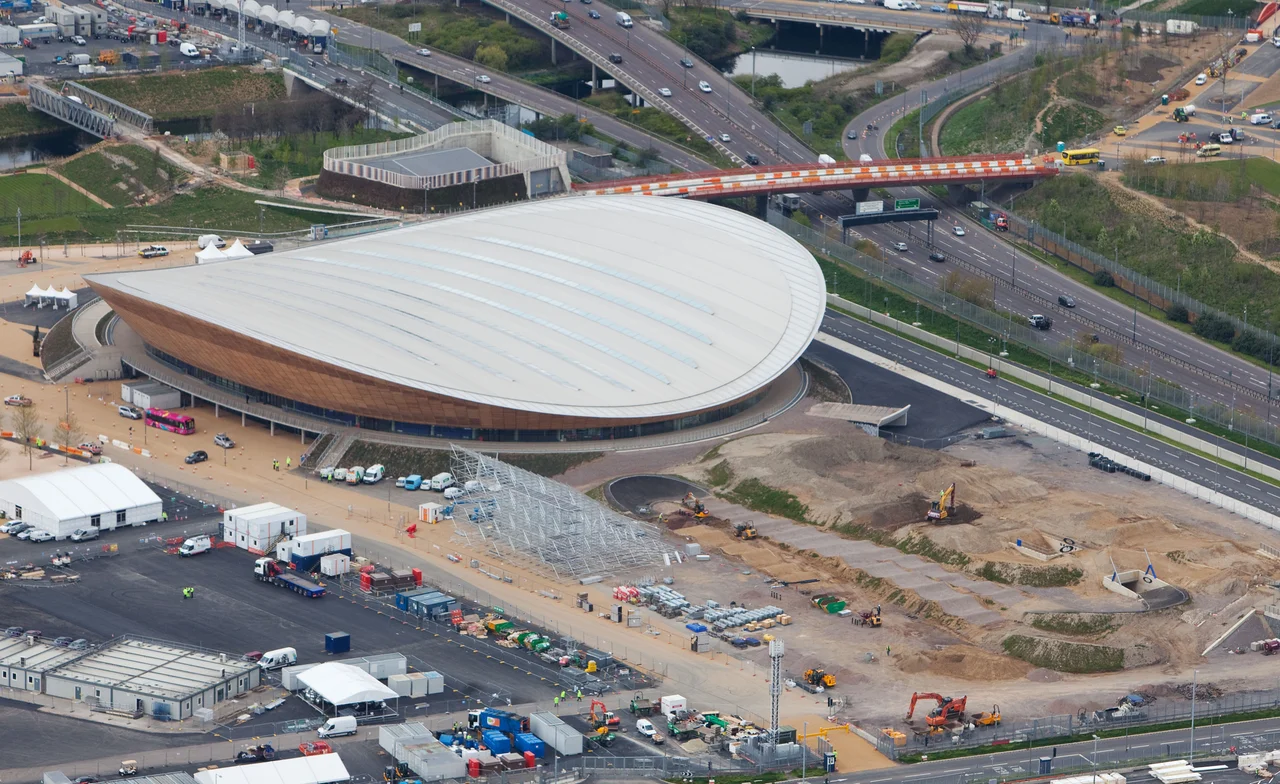 Aerial view of the Olympic Park showing the Velodrome with BMX Track to the right. 

Picture taken on 16 April 2012.