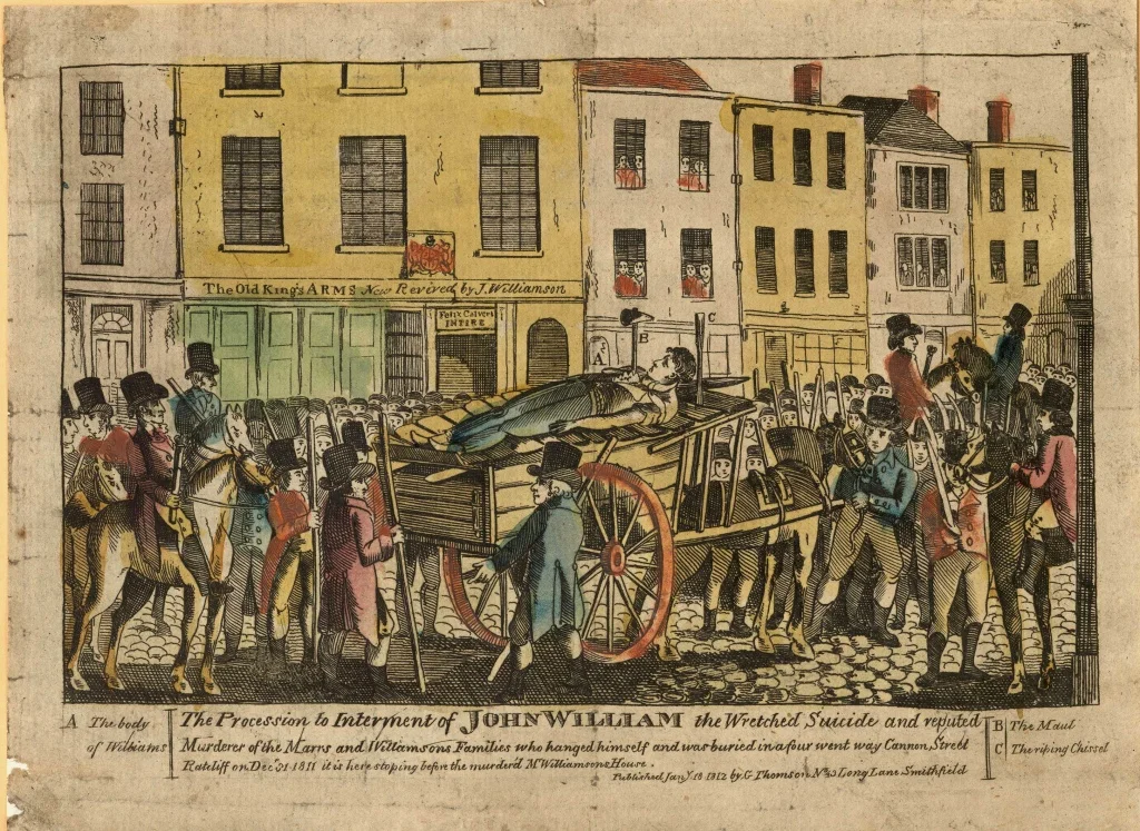 Newspaper coloured illustration:
Procession to interment of John William the wretched suicide and reputed murderer of the Marrs and Williamsons families who hanged himself and was buried in a four went way Cannon Street Ratcliff on Dec 31, 1811 it is here stopping before the murdered Mr Williamson's house.

Published Jan'y 10 1812 by G Thomson no 45 Long Lane Smithfield