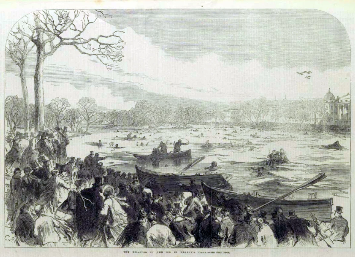 The disaster on the ice at Regent's Park; from The Illustrated London News, 26 January 1867. 500 skaters caught in a disaster on the lake at Regent's Park which left 200 struggling in the water and 41 dead. 2000 onlookers watched the rescue.

Scenes after the ice on Regent's Park lake, London broke on 15 January 1867 pitching hundreds of people into icy, deep water.