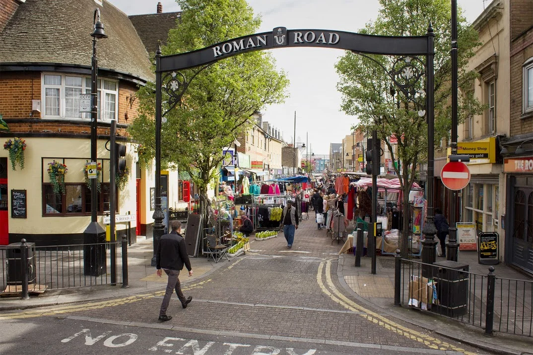 Roman Road Market western entrance in Old Ford, London, England.