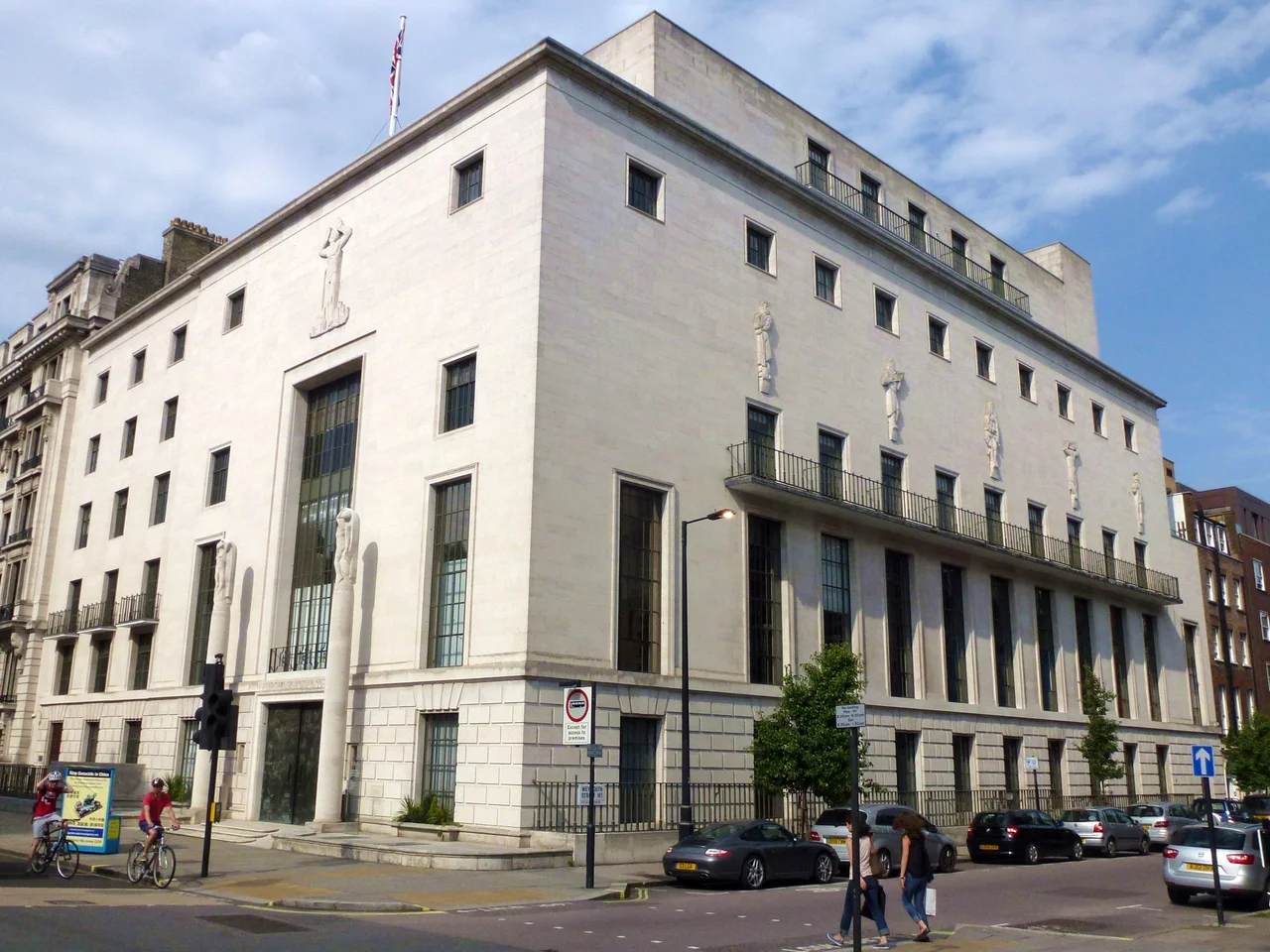 Royal Institute of British Architects office, a 1930s Grade II* listed building designed by architect George Grey Wornum, at 66 Portland Place, London in August 2012.