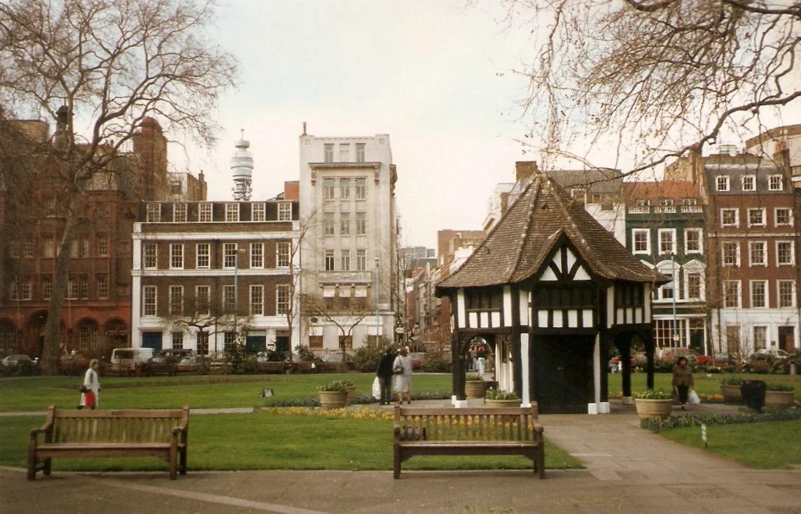 View of Soho Square, London, in 1992. The Post Office Tower can be seen in the backrground.