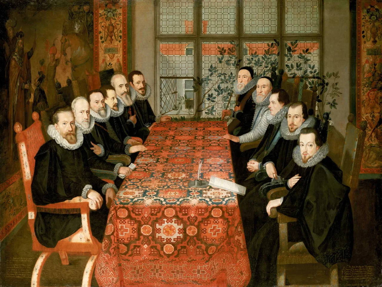 The Somerset House Conference 19 August 1604. Spanish delegation on the left, English delegation on the right.