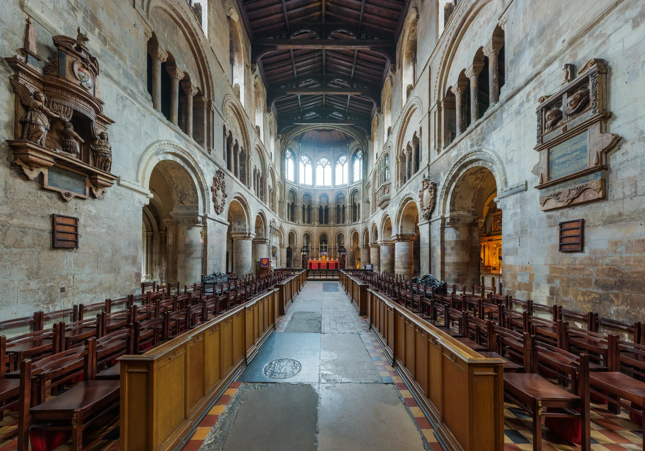 The view towards the altar of the Priory Church of St Bartholomew the Great in London, England.