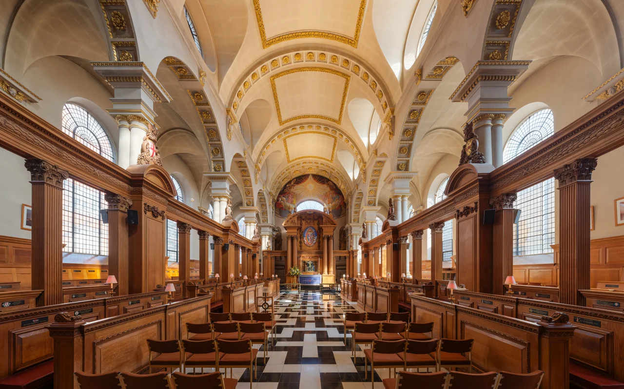 St Bride's Church, as viewed from the nave looking east towards the altar.