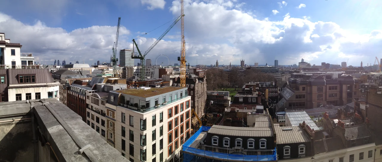 A view looking southeast from the tower of St James's Piccadilly showing the skyline of London