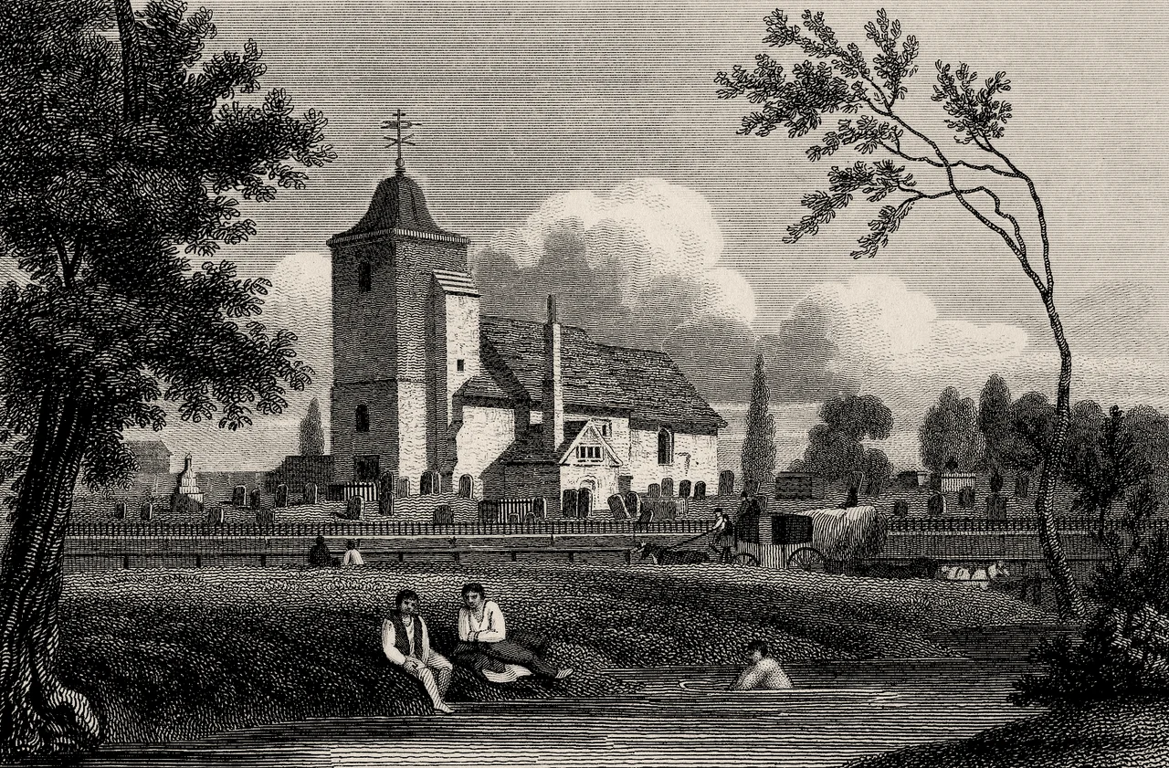 St Pancras Old Church, seen in 1815. A stagecoach is passing on the near side of the churchyard, and in the foreground a group of boys is playing in the River Fleet.