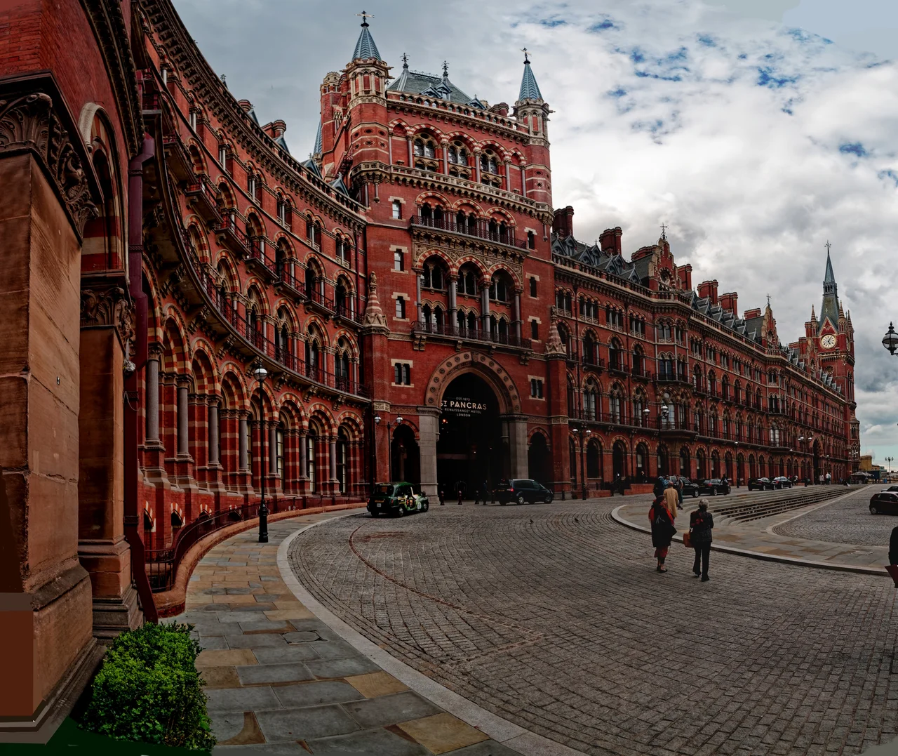 London - Euston Road - Panorama view of former Midland Grand Hotel / St Pancras Renaissance London Hotel 1876 by Gothic Revival Architect Sir George Gilbert Scott