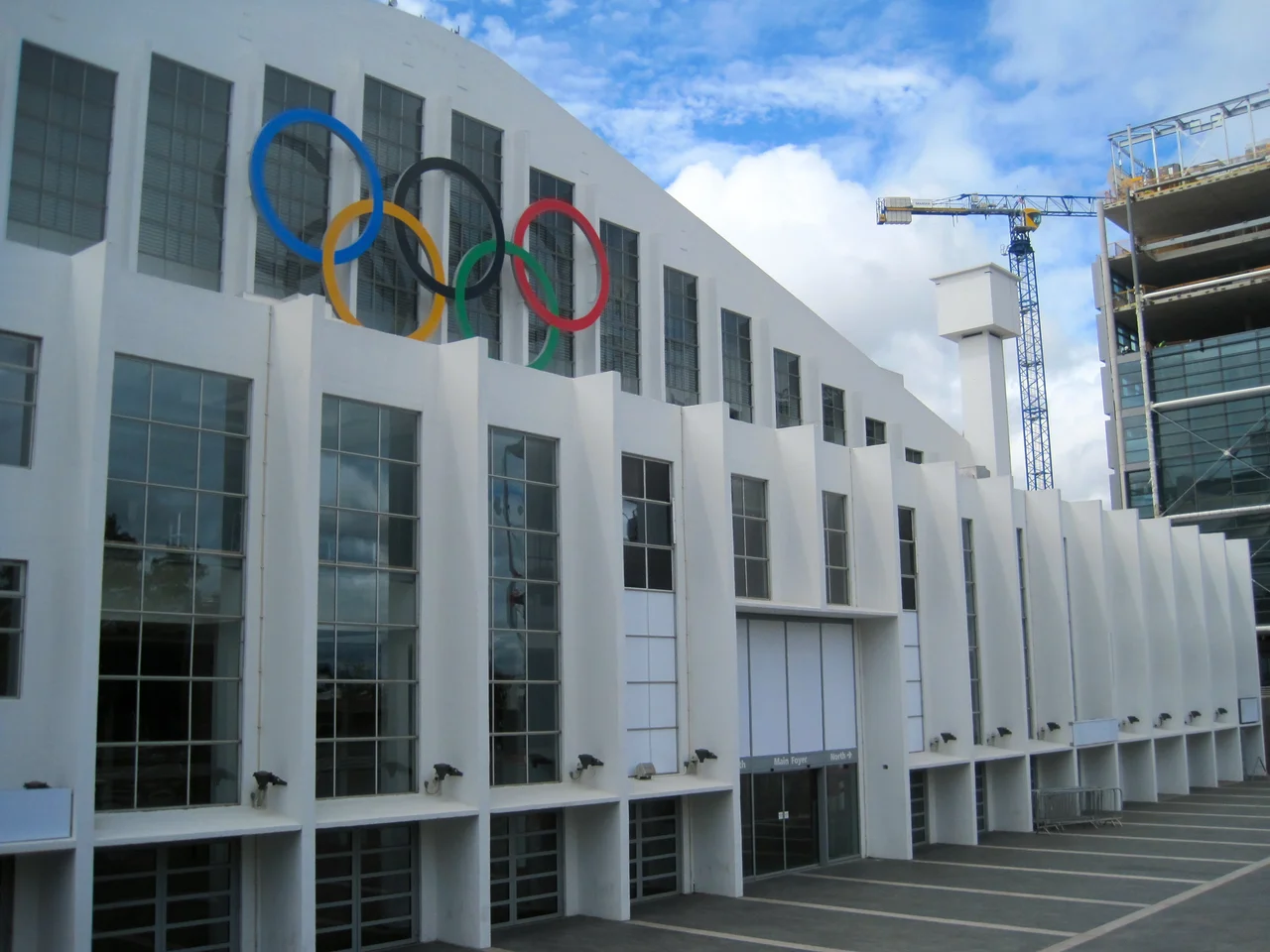 Wembley regeneration Jul 2012: Wembley Arena with Olympic rings