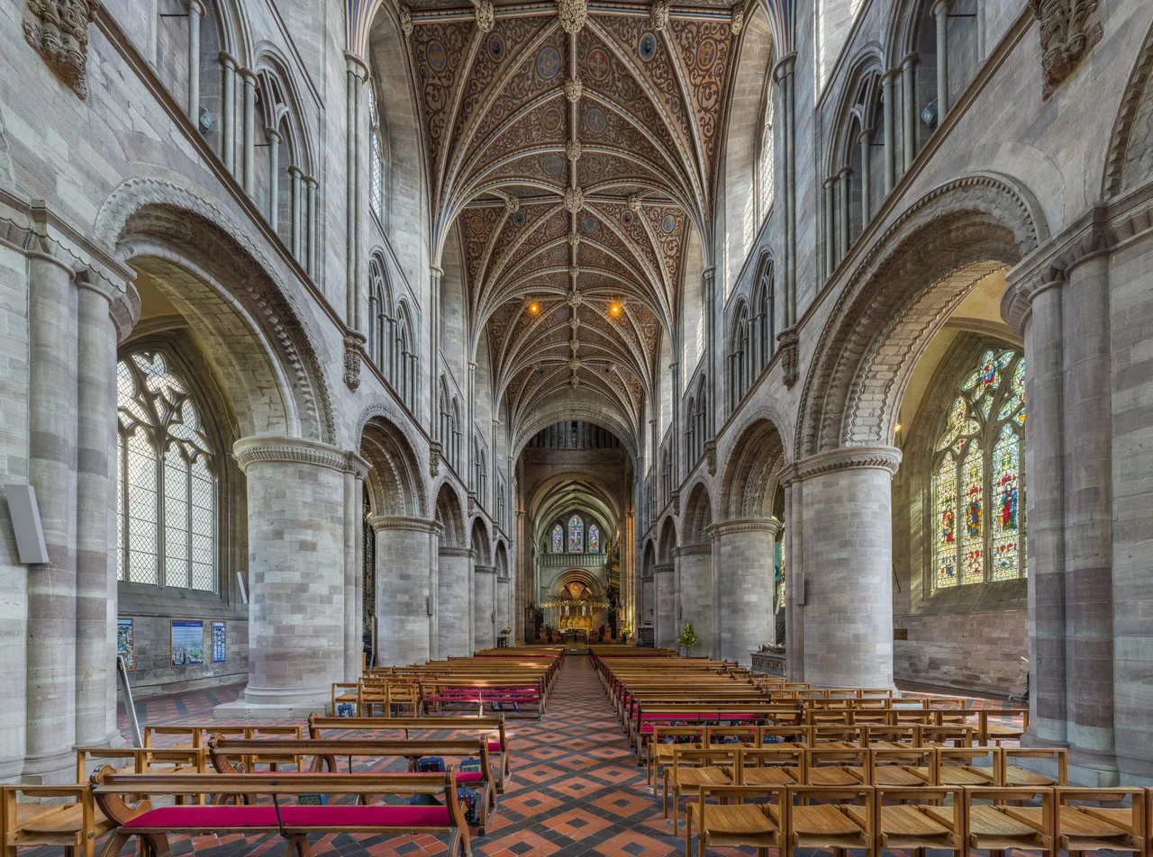 Hereford Cathedral's nave looking towards the choir, viewed from the west.