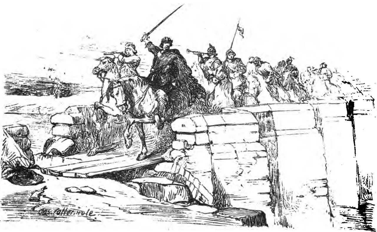 The Taking of Upton Bridge by Charles Cattermole, depicts an action by Parliamentary soldiers on 28 August 1651 during the Battle of Upton. An a battle in the Worcester Campaign of the Third English Civil War.