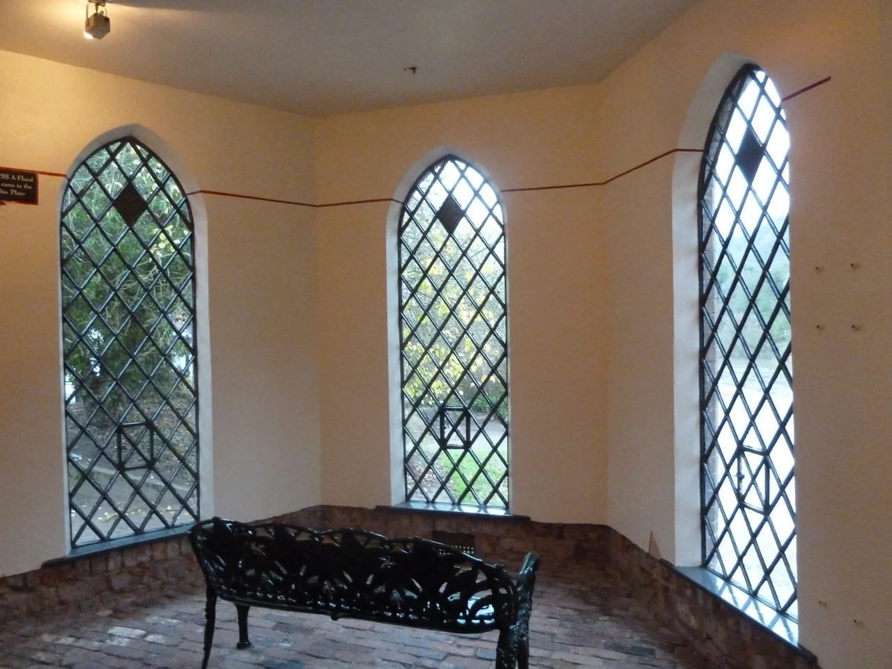 Inside the Museum of the Gorge, Ironbridge. The red line at the top of the windows indicates the height of the highest flood.
The warehouse was built for storage of goods over the Summer, before shipping down the Severn, when the river was too low for shipping. As the floods occurred in Winter-Spring, the warehouse would have been largely empty at the time.