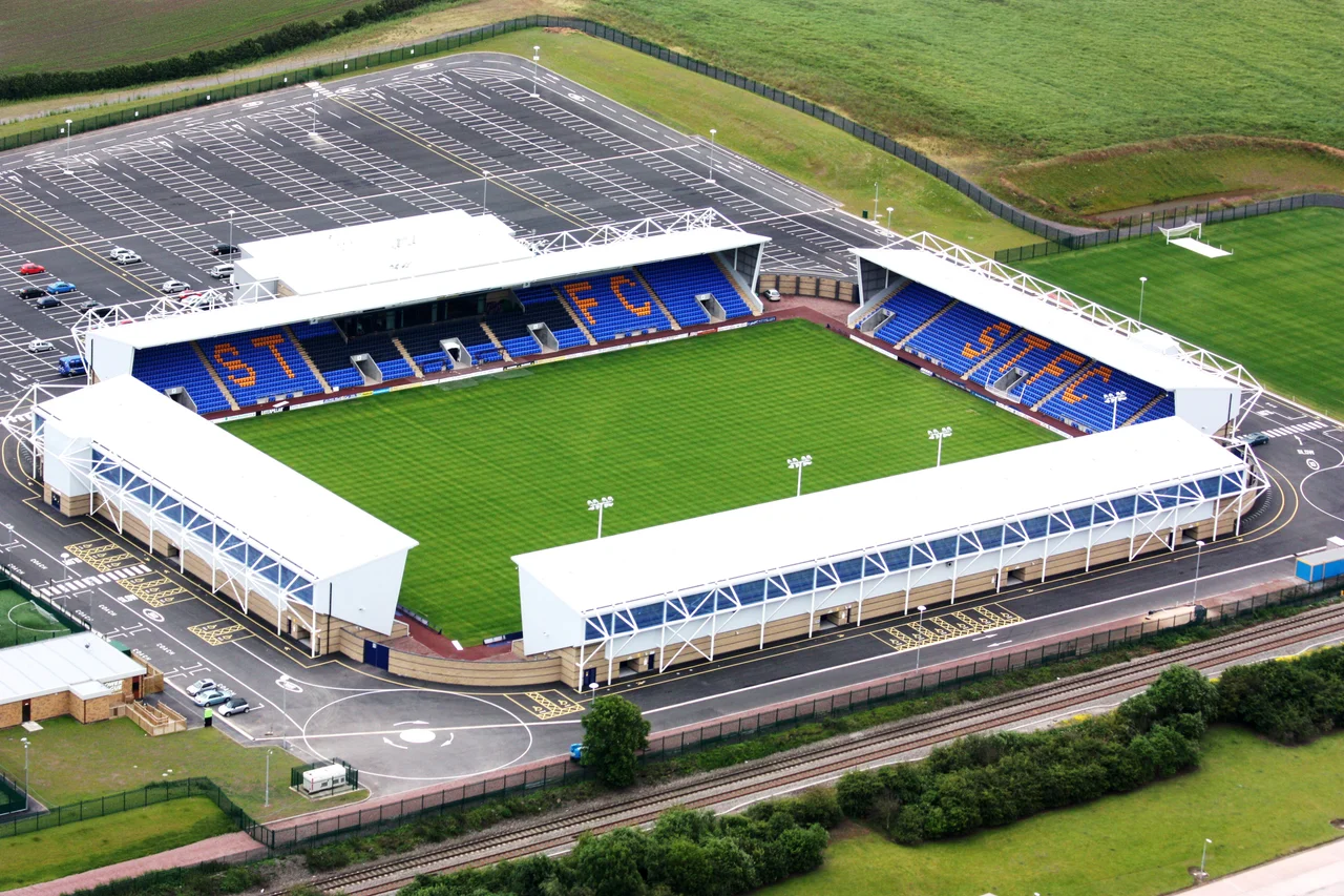 The New Meadow, stadium of Shrewsbury Town FC, as seen from a Grob Tutor of UBAS at RAF Cosford