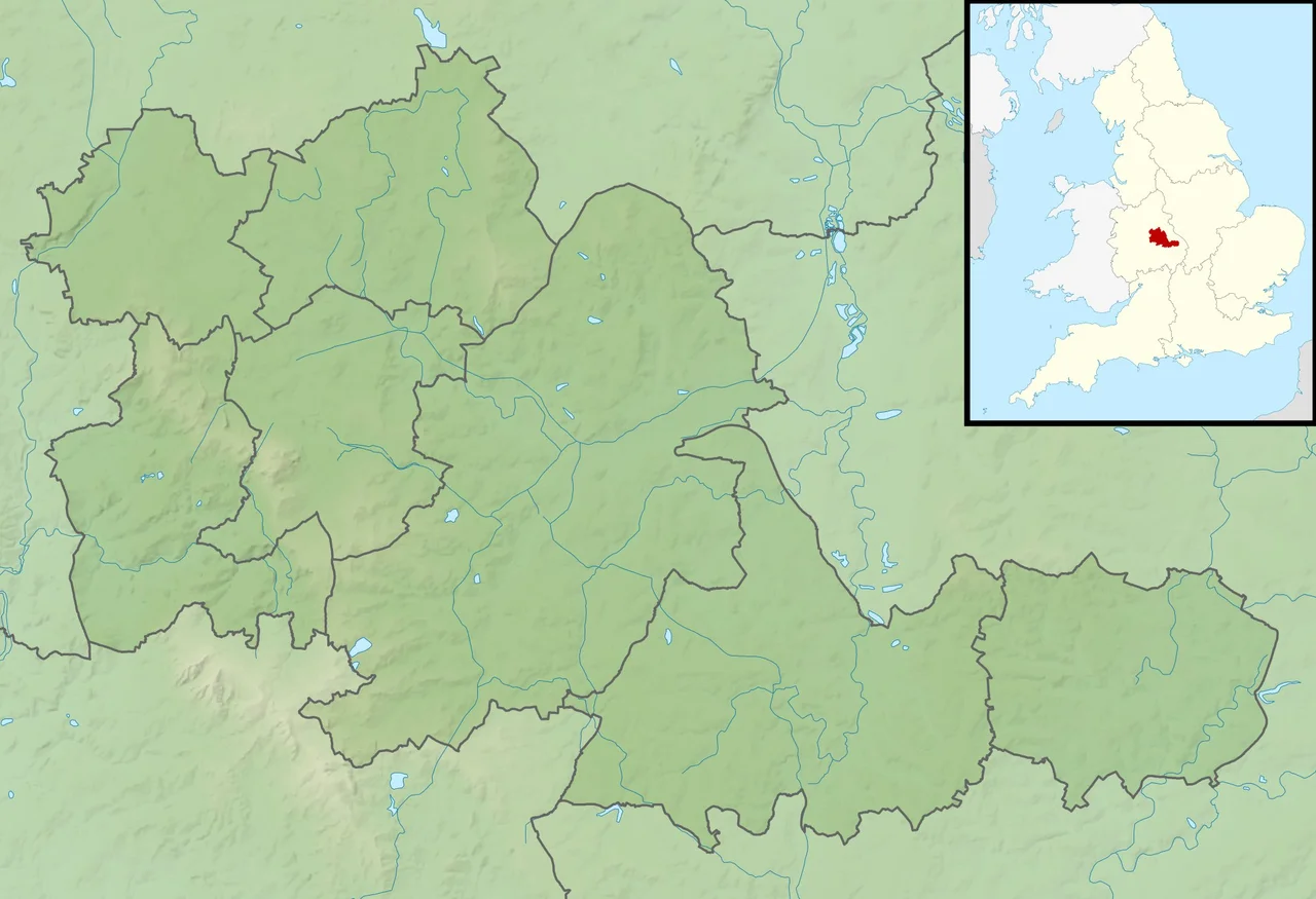 Relief map of the West Midlands, UK.
Equirectangular map projection on WGS 84 datum, with N/S stretched 160%
Geographic limits:

West: 2.22W
East: 1.40W
North: 52.68N
South: 52.33N