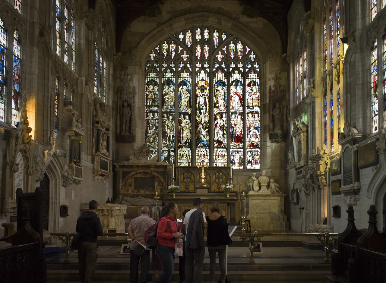 Interior of Holy Trinity, Stratford-upon-Avon, Shakespeare's monument to left.
