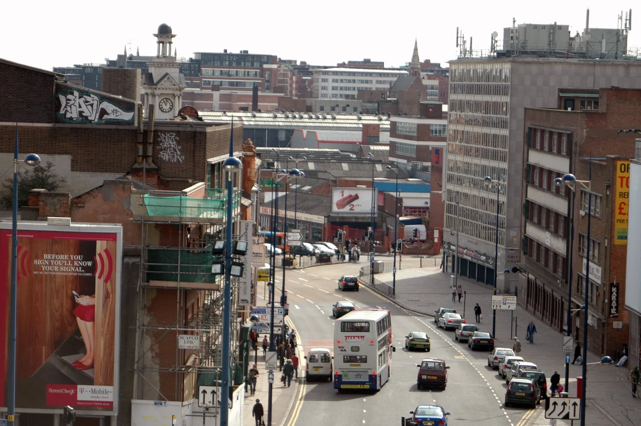 This is Digbeth High Street of Digbeth as viewed from a platform in Selfridges in Birmingham, England.