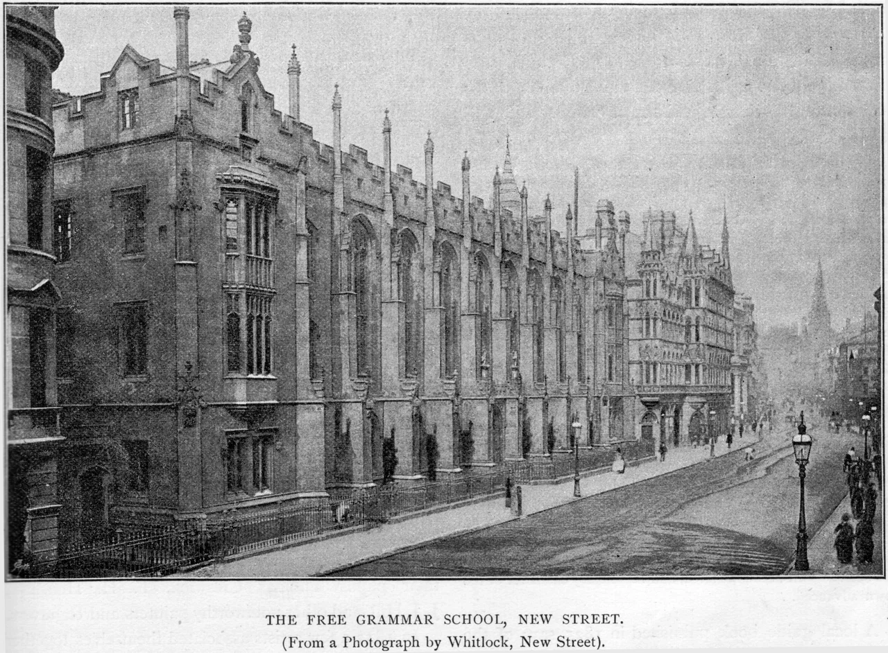 The Free Grammar School, now known as King Edward's School, New Street, Birmingham, England. Architect Charles Barry. Demolished. The spire in the distance (right) is Christ Church, in what is now Victoria Square.