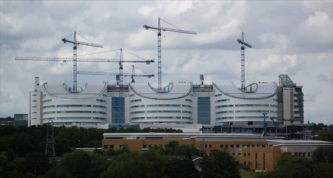 Birmingham Super Hospital under construction in Birmingham, England. View of the southern face.