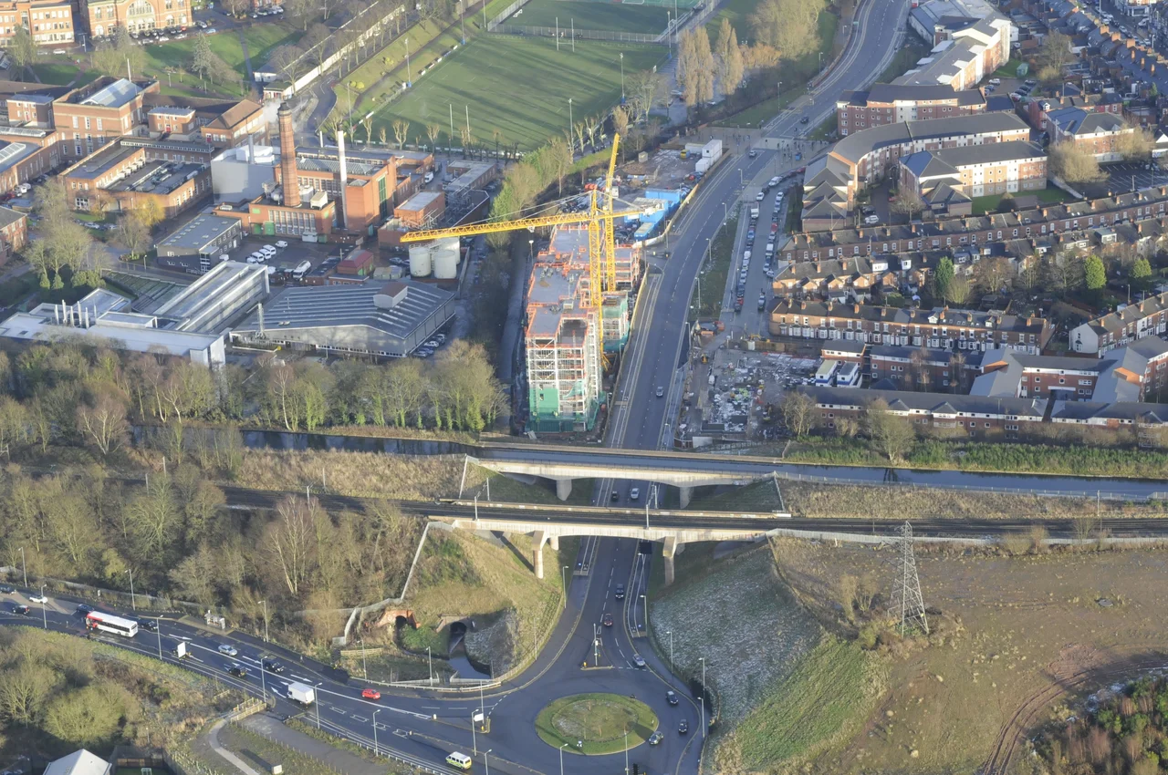 The rerouted A38 passing under the Cross City Line and Canal near Queen Elizabeth Hospital, Selly Oak, Birmingham
