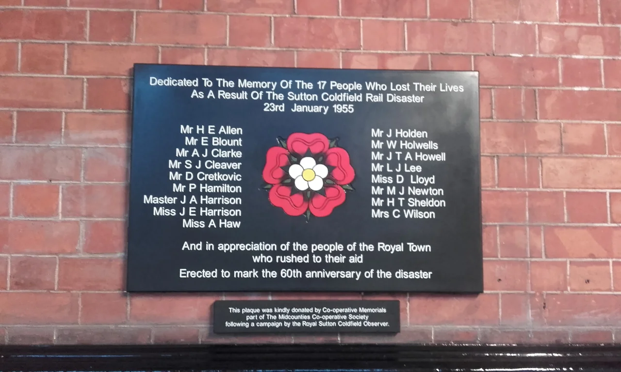 Memorial to the 17 people who were killed at the Sutton Coldfield rail crash of 23 January 1955