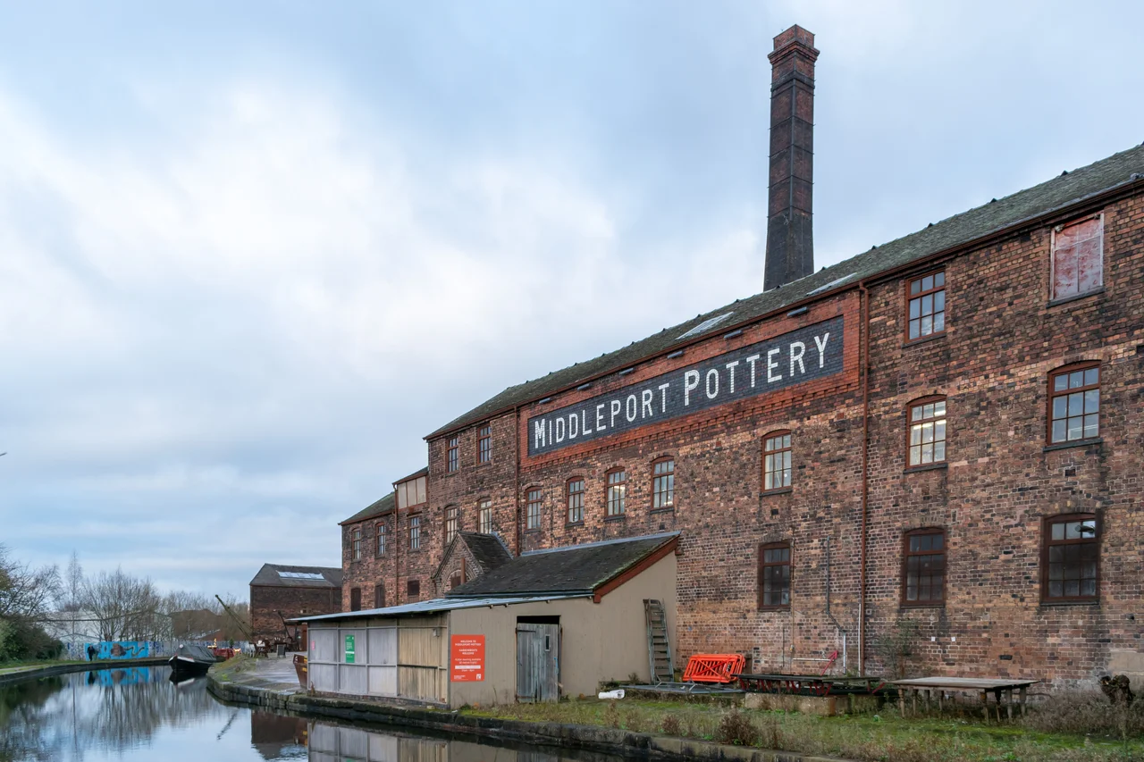 View of the Middleport Pottery main building from the opposite bank of the Trent and Mersey Canal in Longport, Stoke-on-Trent.