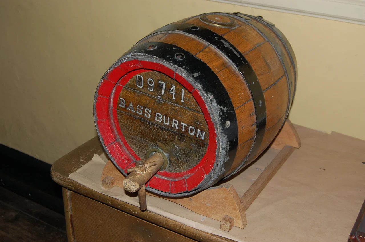 A small wooden barrel (a firkin?) from the Bass Brewery at Burton-upon-Trent, Staffordshire, England; now in the Staffordshire County Museum at Shugborough Hall.