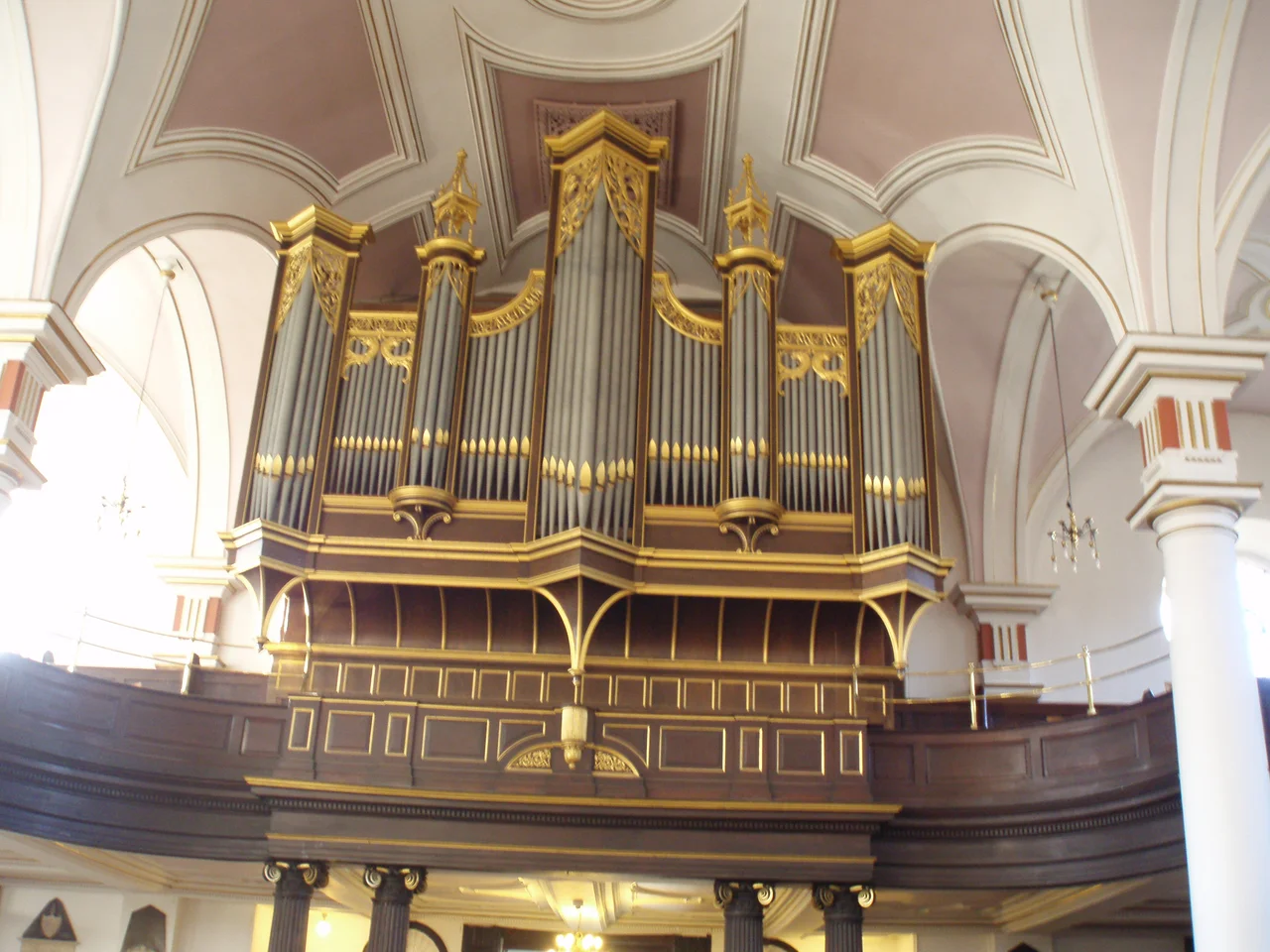 An upwards view of the organ of Derby Cathedral, Derbyshire.