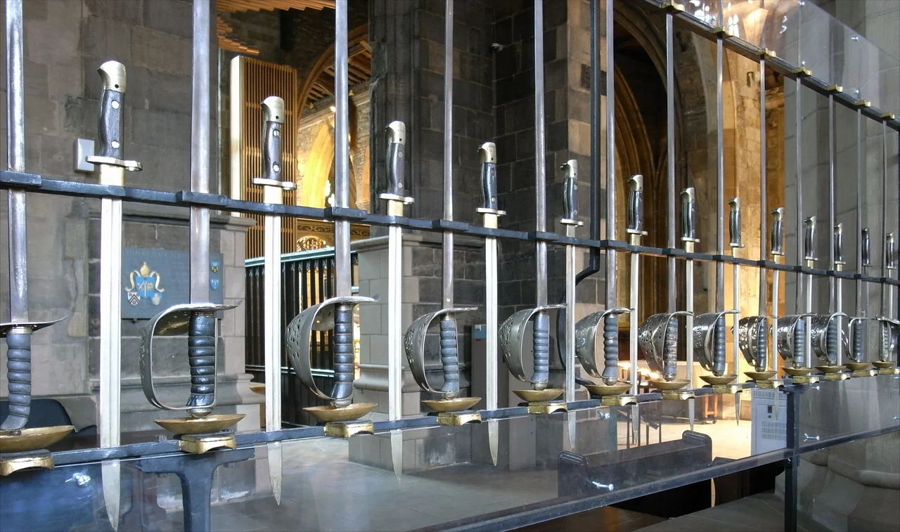 Part of the screen made of bayonets and swords from the York and Lancaster Regiment in the chapel of St George in the (Anglican) Sheffield Cathedral, England.