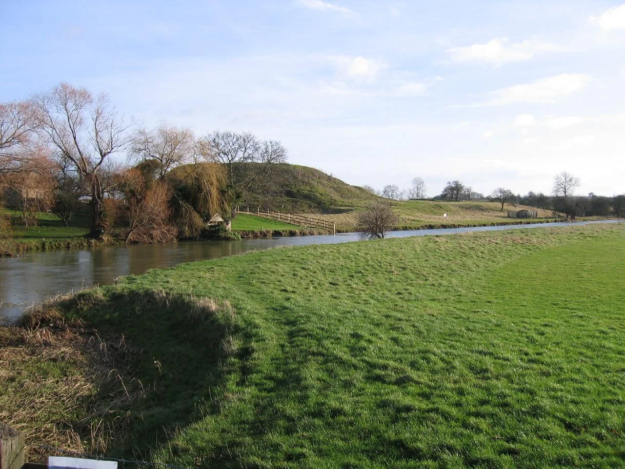The motte and site of Fotheringhay Castle, seen from across the River Nene, Fotheringhay, Northamptonshire