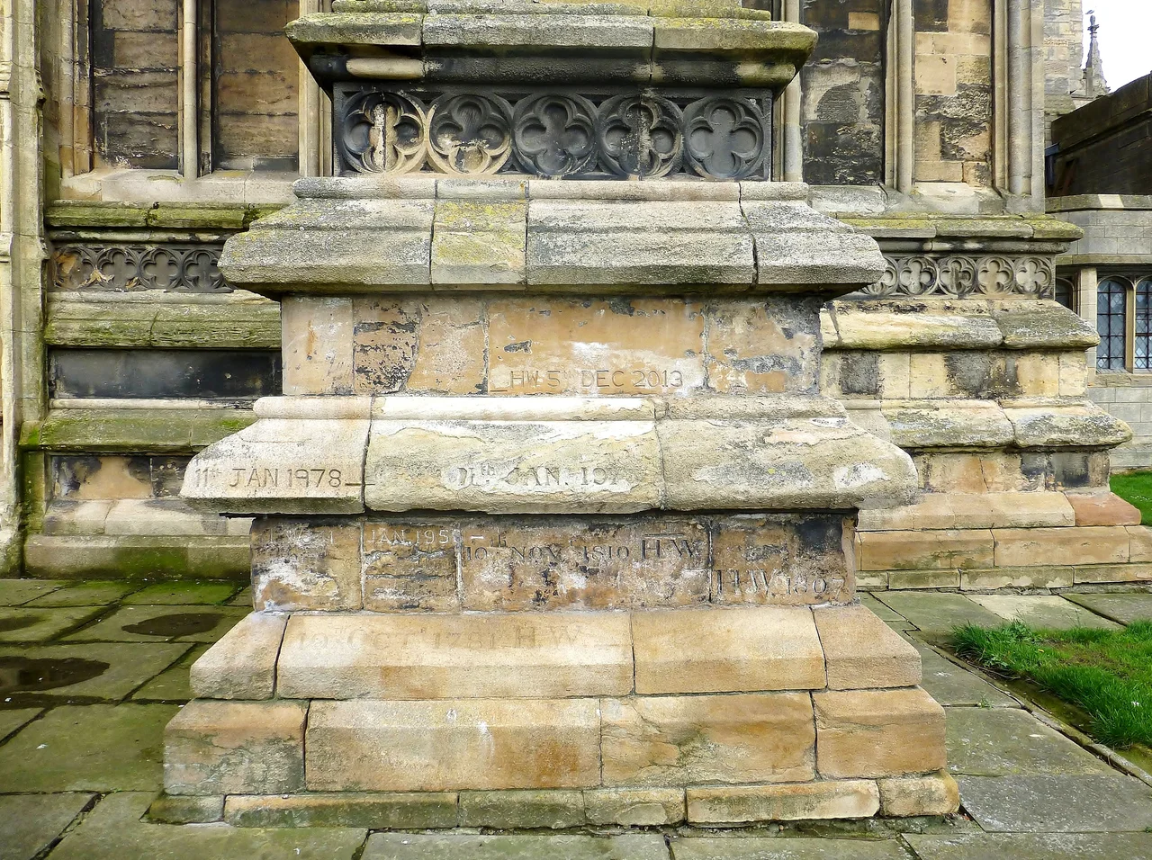 Buttress attached to the west side of the Parish Church of St Botolph, Church Close, Boston, Lincolnshire (Boston Stump),  showing high water flood marks dating back to the 18th century. The buttress faces and is only a few feet from the River Witham. National grid reference:
TF 32692 44184