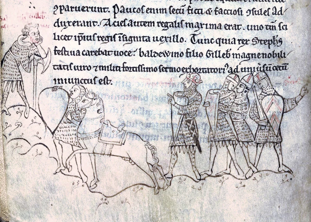 Captions identify the man to the left as Baldwin FitzGilbert and the central crowned figure as King Stephen; the king is directing Baldwin to address the army of his behalf.