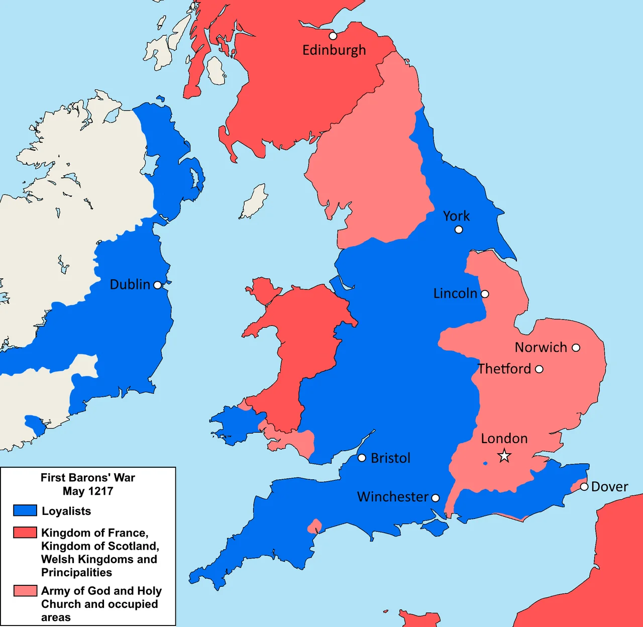 Map of the First Barons' War right before the Second Battle of Lincoln, May 1217