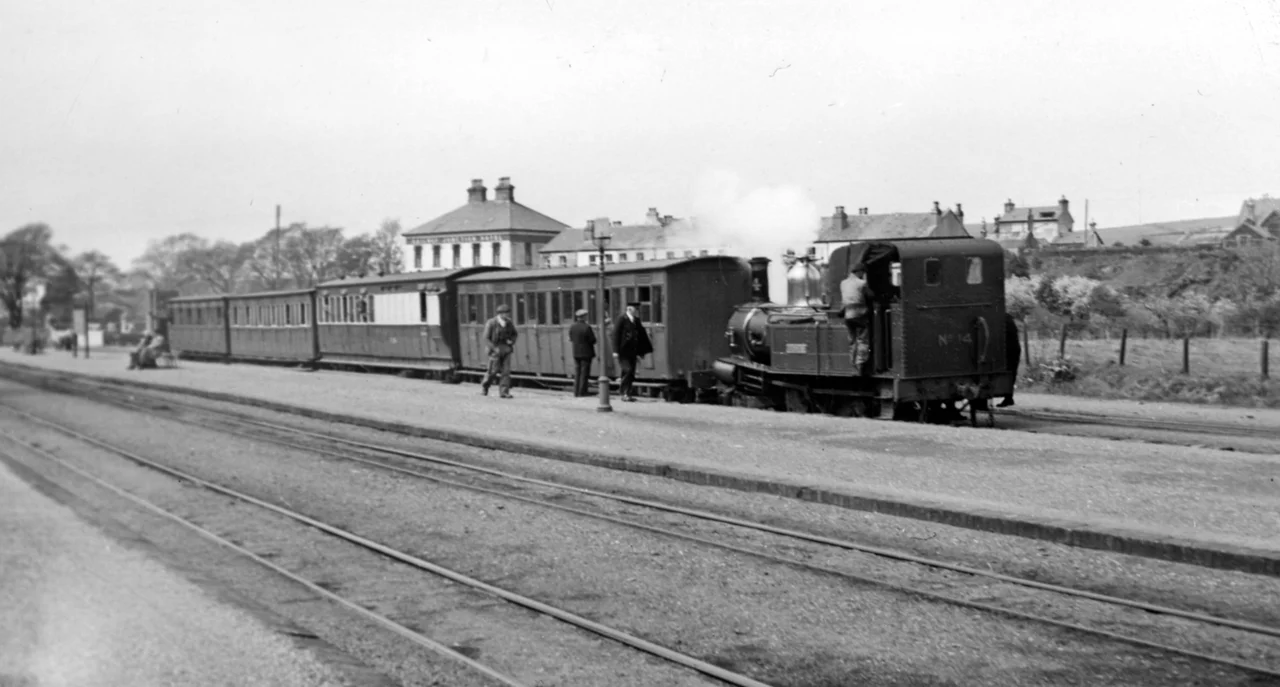 St Johns station, Isle of Man, with train 1951