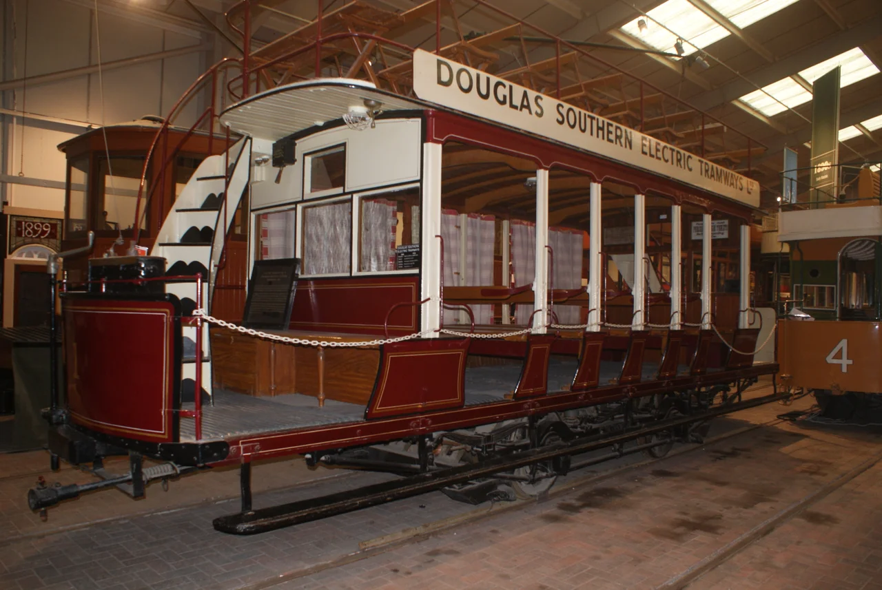 A surviving tram from the Douglas Southern Electric Tramway on the Isle of Man, preserved at the National Tramway Museum in Derbyshire