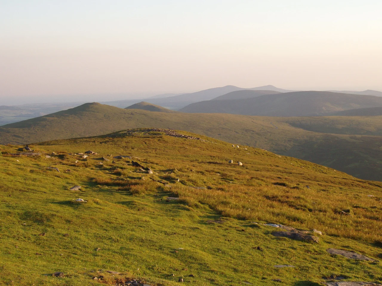 View from the top of Snaefell Mountain looking southwestward showing the mountainous terrain along the axis of the Isle of Man.