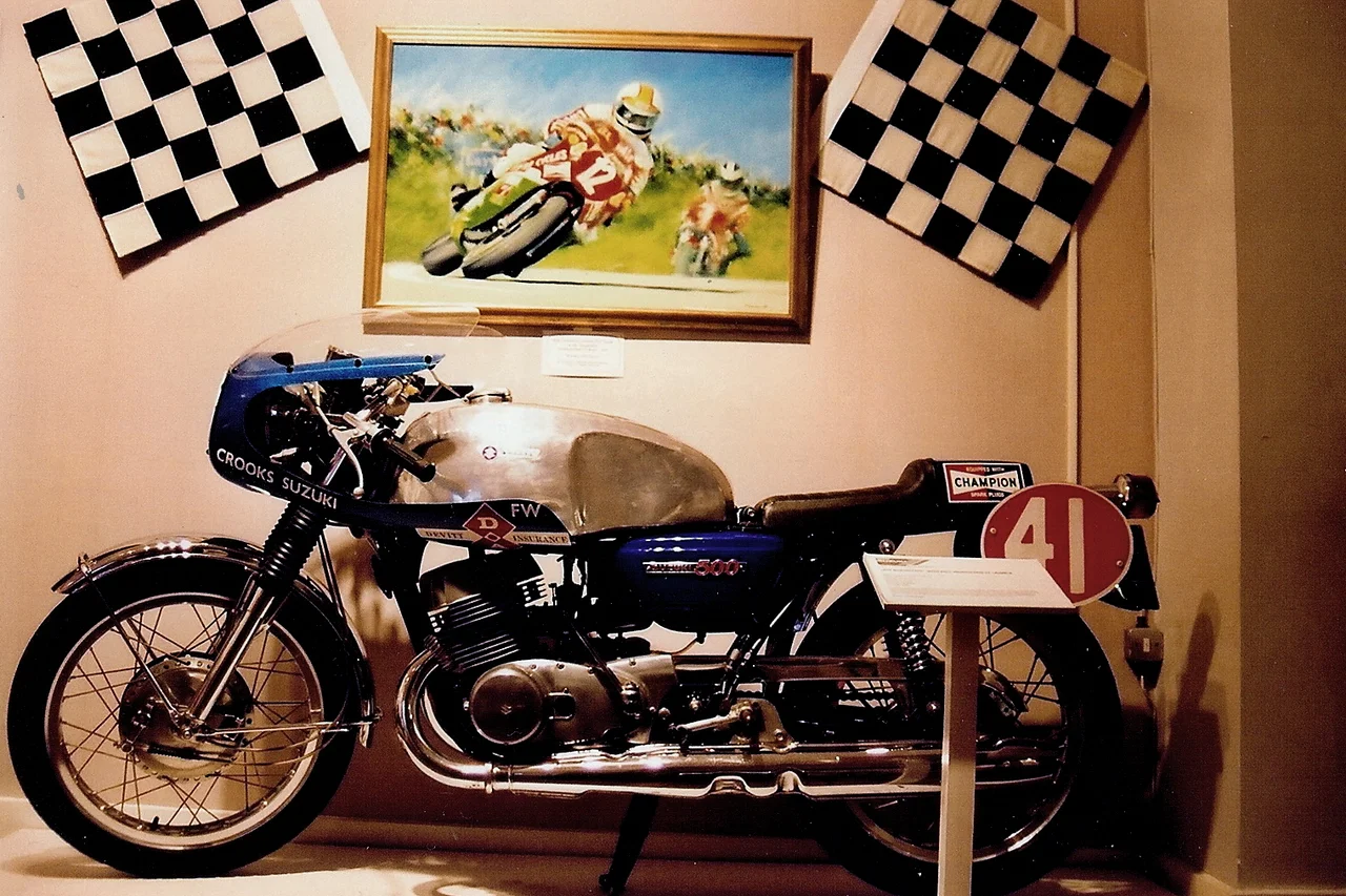 Douglas - Manx Museum - 1970 Suzuki T500 With full production TT laurels. Engine: air-cooled, two-stroke, parallel twin; Capacity: 392cc; Transmission: 5 gears; Power: 48bhp @ 7500 RPM; Top Speed: 117mph; Dry Weight: 350#; Owner: Crooks Suzuki.